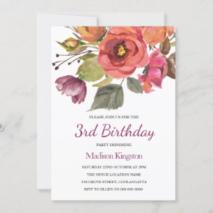 Pink Flowers Childrens Kids Birthday Party Invite