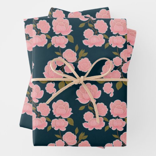Pink Flowers Chinoiserie Wrapping Paper Sheets