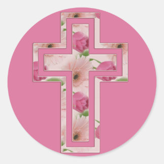 Pink Flowers Christian Cross Symbol Classic Round Sticker