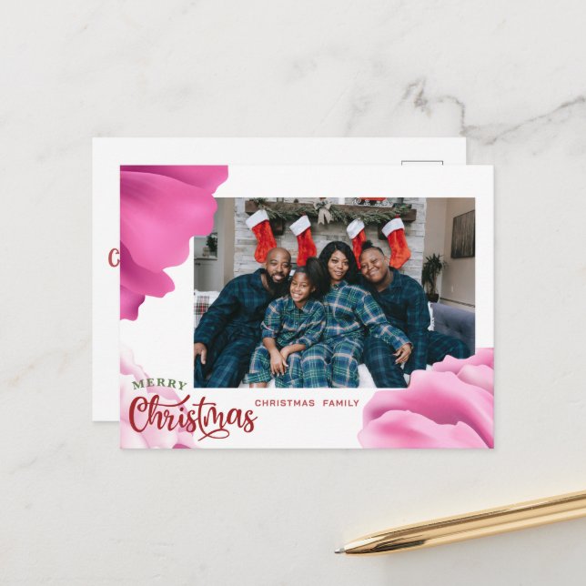 Pink Flowers Christmas Card, Custom Holiday Card (Front/Back In Situ)
