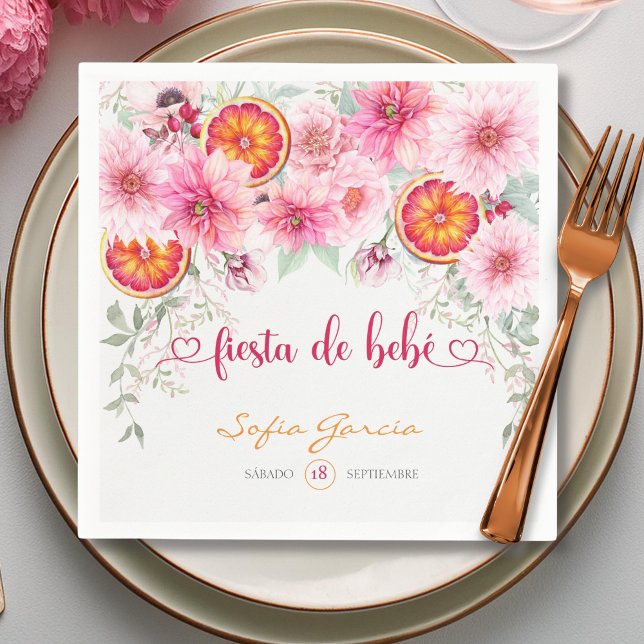 Pink Flowers & Citrus Fiesta Spanish Baby Shower Napkins (Citrus and pink watercolor flowers Spanish baby shower party napkins)