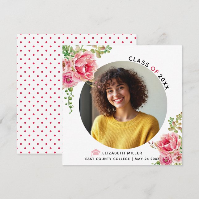 Pink flowers Class of 2026 graduation photo Announcement (Front/Back)