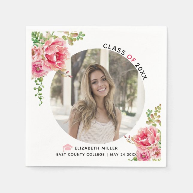 Pink flowers Class of 2026 graduation photo Napkins (Front)