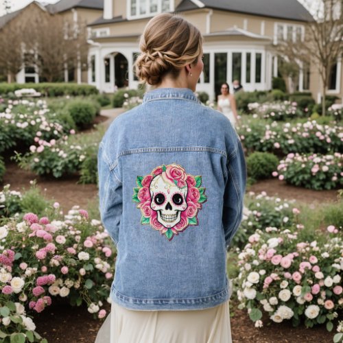 Pink Flowers Coquette Floral Skull Rose Skeleton Denim Jacket