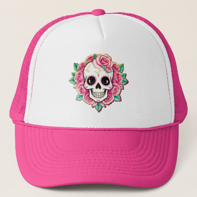 Pink Flowers Coquette Floral Skull Rose Skeleton Trucker Hat (Front)