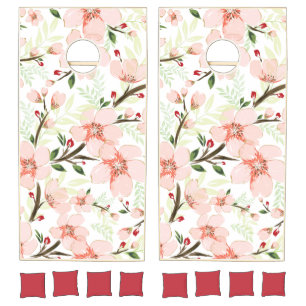 Pink flowers cornhole set