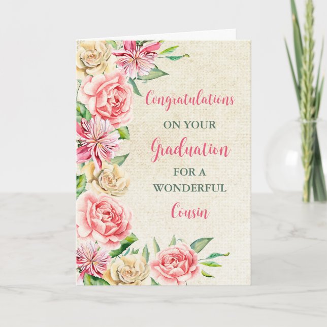 Pink Flowers Cousin Congratulations Graduation Card (Front)