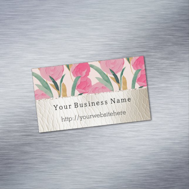 Pink Flowers & Cream Faux Leather Business Card Magnet (In Situ)
