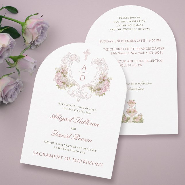 Pink Flowers Crest Monograms Catholic Wedding Invitation (Creator Uploaded)