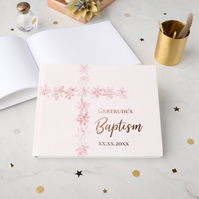 pink flowers Cross Baptism Foil Guest Book (Front Open)