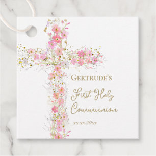  pink flowers cross First Holy Communion Favor Tags