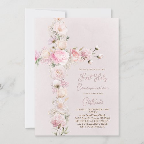 pink flowers cross First Holy Communion