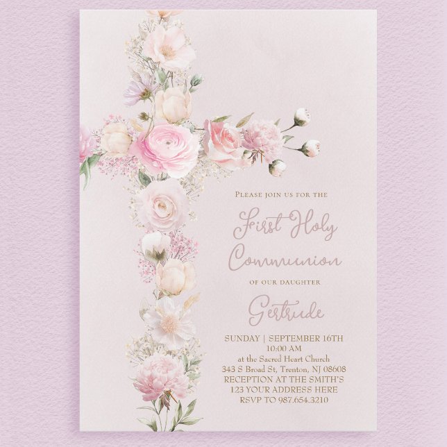 pink flowers cross First Holy Communion Invitation (Creator Uploaded)