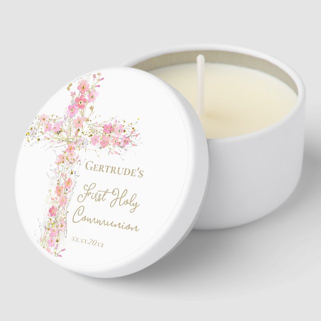  pink flowers cross First Holy Communion Mini Candle Favors (Corner)