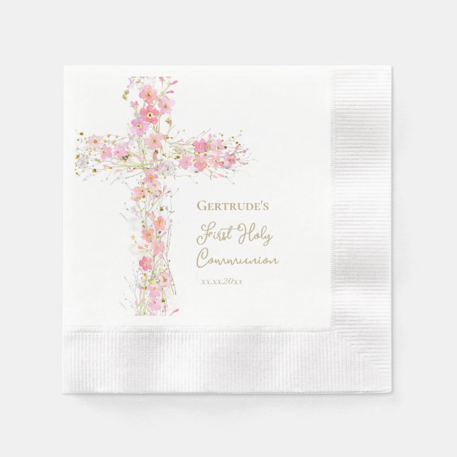  pink flowers cross First Holy Communion Napkins (Front)