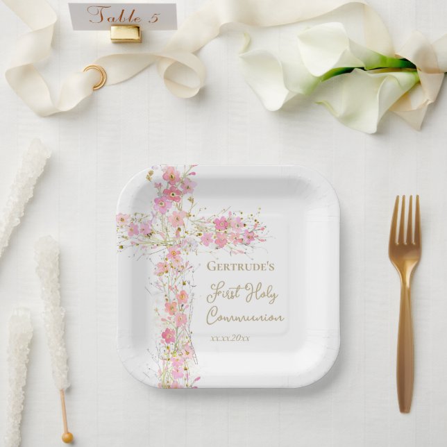  pink flowers cross First Holy Communion Paper Plates (Wedding)
