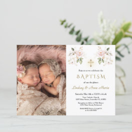 Pink Flowers Cross Girls Twins Photo Baptism Invitation