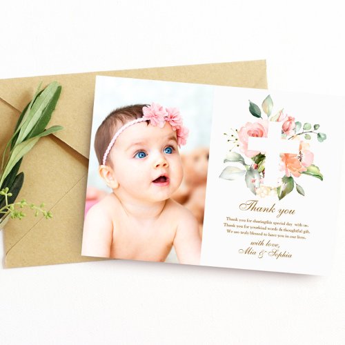 Pink flowers Cross  Photo Baptism Thank You Card