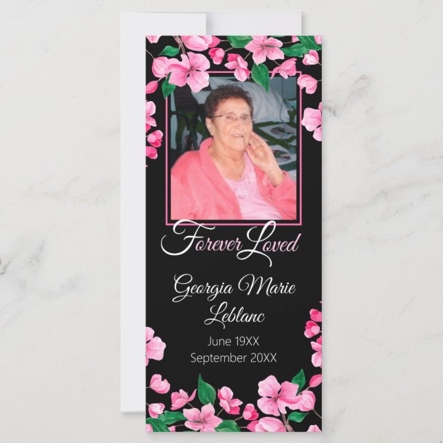 Pink Flowers Custom Memorial Keepsake Card (Front)