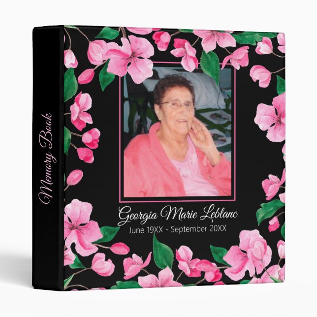 Pink Flowers Custom Memorial Keepsake Guestbook 3 Ring Binder (Front/Spine)