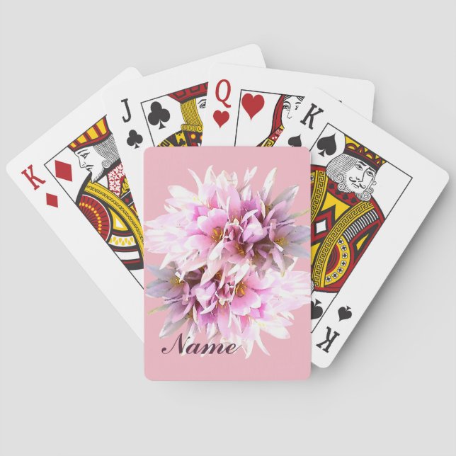 Pink Flowers Custom Name Poker Cards (Back)