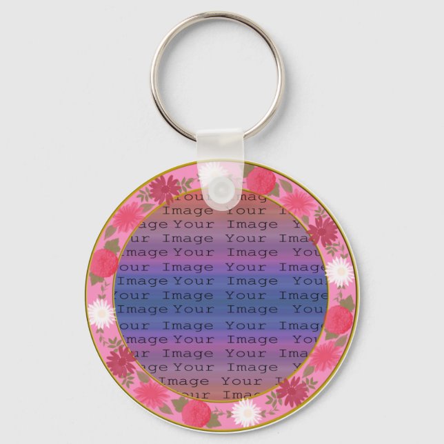 Pink Flowers Custom Round Wedding Key Chain (Front)