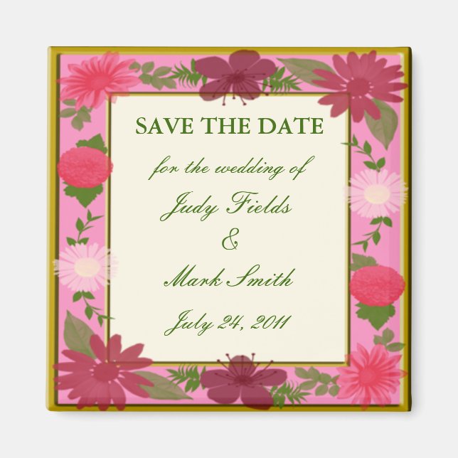 Pink Flowers Custom Save The Date Magnet (Front)