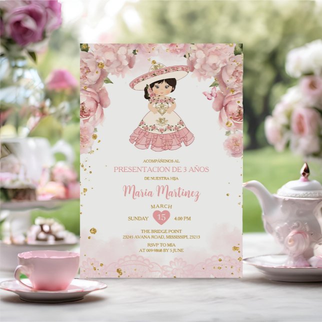 Pink Flowers Cute Niña Presentación De Tres Años Invitation (Creator Uploaded)