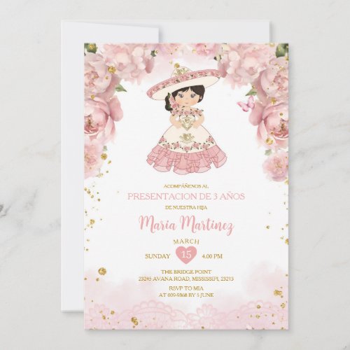 Pink Flowers Cute Nia Presentacin De Tres Aos Invitation