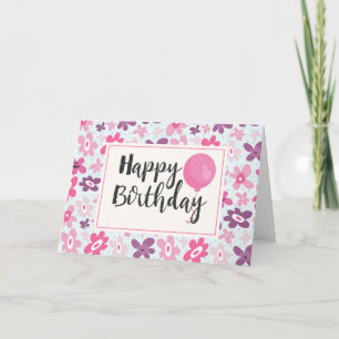 Pink Flowers Cute Whimsical Pattern Birthday Card