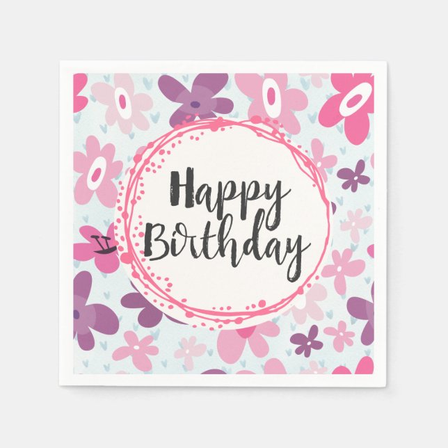 Pink Flowers Cute Whimsical Pattern Birthday Paper Napkins (Front)