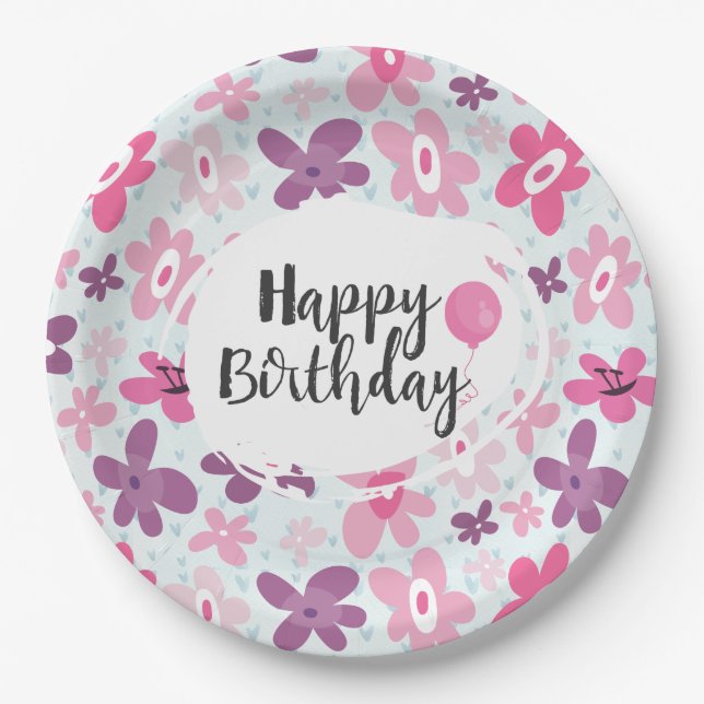 Pink Flowers Cute Whimsical Pattern Birthday Paper Plates (Front)