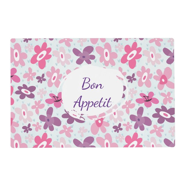 Pink Flowers Cute Whimsical Pattern Bon Appetit Placemat (Front)