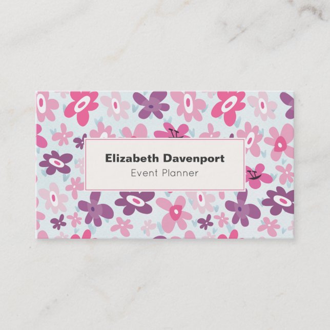 Pink Flowers Cute Whimsical Pattern Business Card (Front)