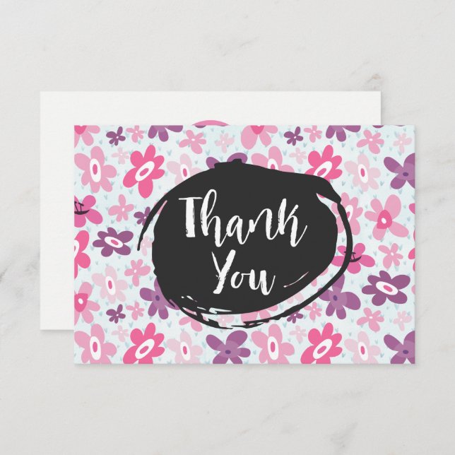 Pink Flowers Cute Whimsical Pattern Party Thanks Invitation (Front/Back)