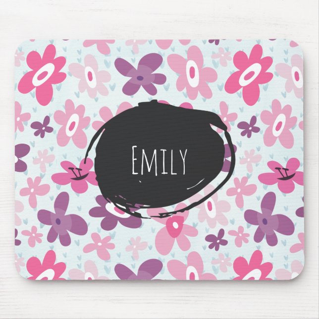 Pink Flowers Cute Whimsical Pattern Personalized Mouse Pad (Front)