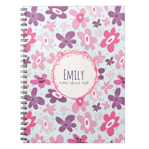 Pink Flowers Cute Whimsical Pattern Personalized Notebook