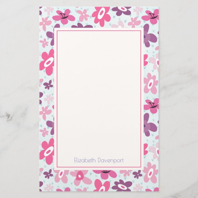 Pink Flowers Cute Whimsical Pattern Personalized Stationery (Front)