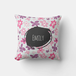 Pink Flowers Cute Whimsical Pattern Personalized Throw Pillow
