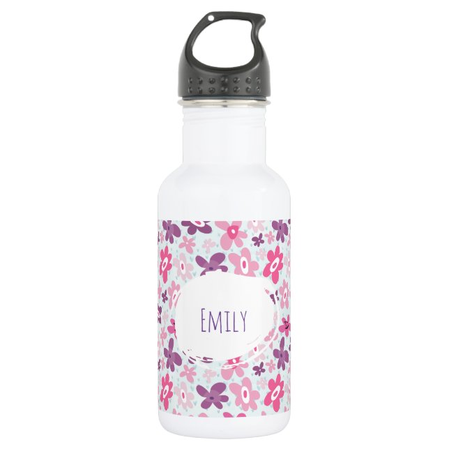 Pink Flowers Cute Whimsical Pattern Personalized Water Bottle (Front)