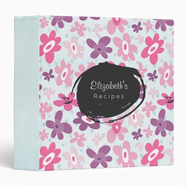Pink Flowers Cute Whimsical Pattern Recipe 3 Ring Binder (Front/Spine)