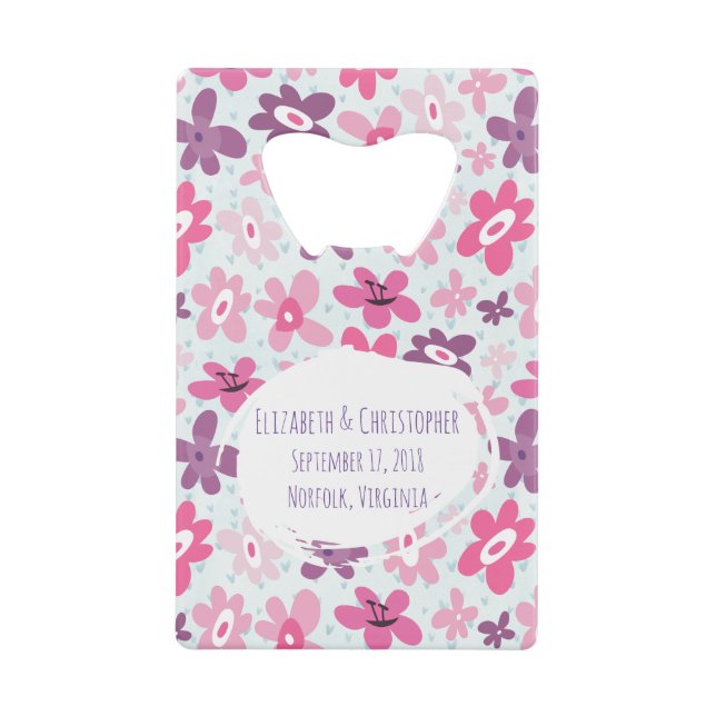 Pink Flowers Cute Whimsical Pattern Wedding Credit Card Bottle Opener (Front)