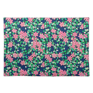 Pink flowers, dark blue background cloth placemat