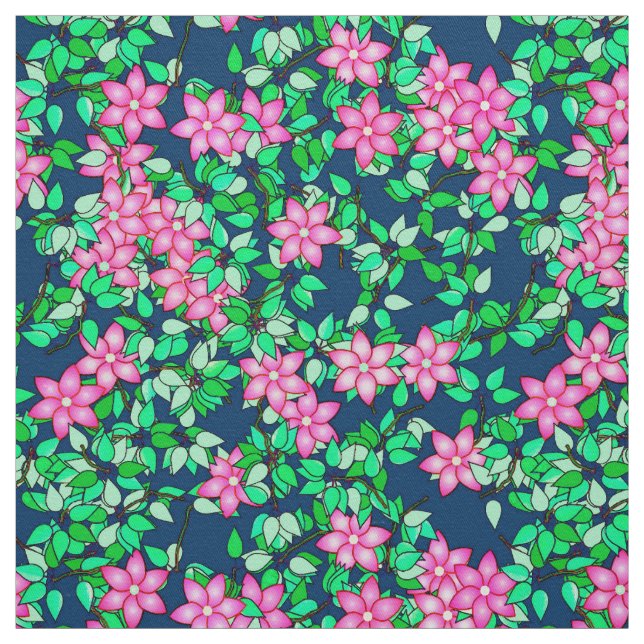 Pink flowers, dark blue background fabric (Swatch)