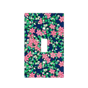 Pink flowers, dark blue background light switch cover