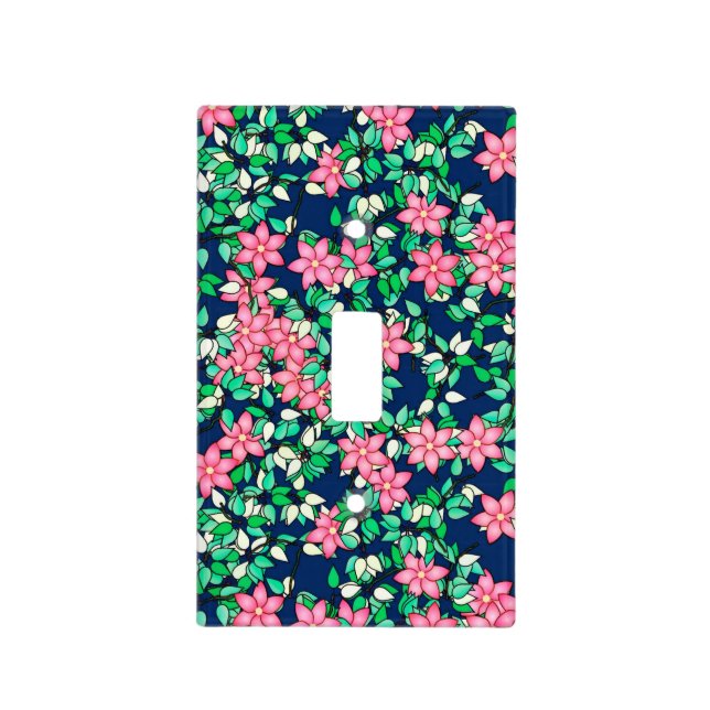 Pink flowers, dark blue background light switch cover (Front)