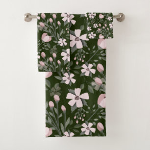 Pink flowers dark green leaves modern floral bath towel set