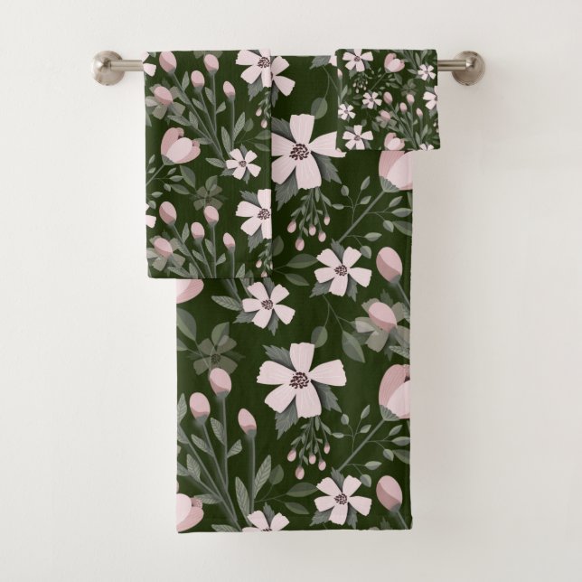 Pink flowers dark green leaves modern floral bath towel set (Insitu)