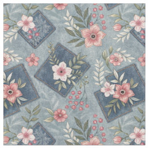 Pink Flowers & Denim Jeans - Floral Design Pattern Fabric