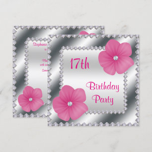 Pink Flowers & Diamonds 17th Birthday Invitation